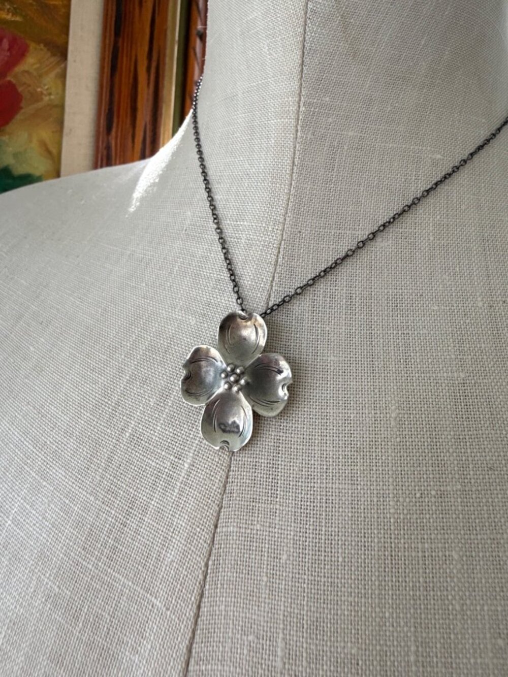 Vintage 50s Stuart Nye Sterling Silver Dogwood Flower Pendant Necklace